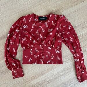 Realisation Par Burgundy Butterfly-Print V-Neck 100% Silk Blouse